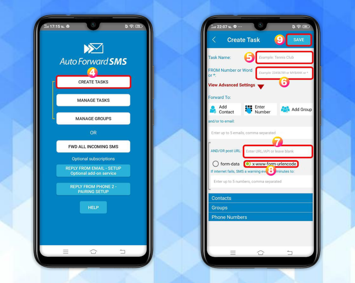 แอป Auto Forward SMS หน้าแรก และหน้า Create Task