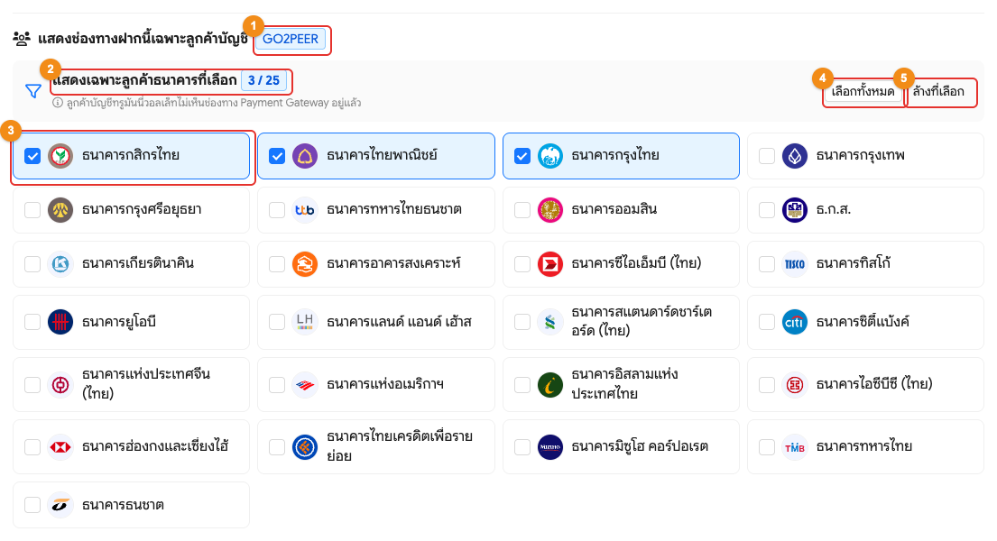 ส่วนเลือกธนาคารของลูกค้าที่เห็นช่องทางฝาก