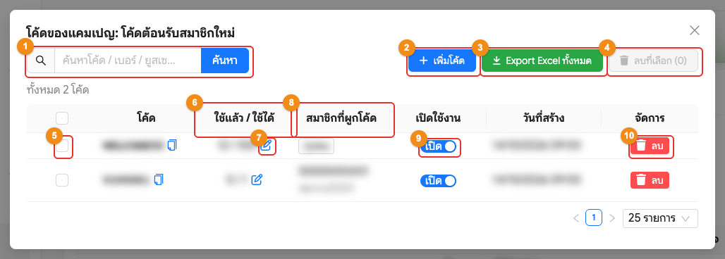 หน้าต่างโค้ดของแคมเปญ